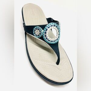 Crocs Sanrah Diamante Wedge Flip Sandals Size 11 NAVY Embellished